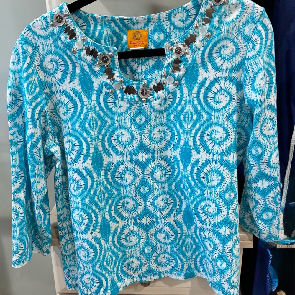 Ruby Rd. Turquoise Patterned Blouse with Silver Accents